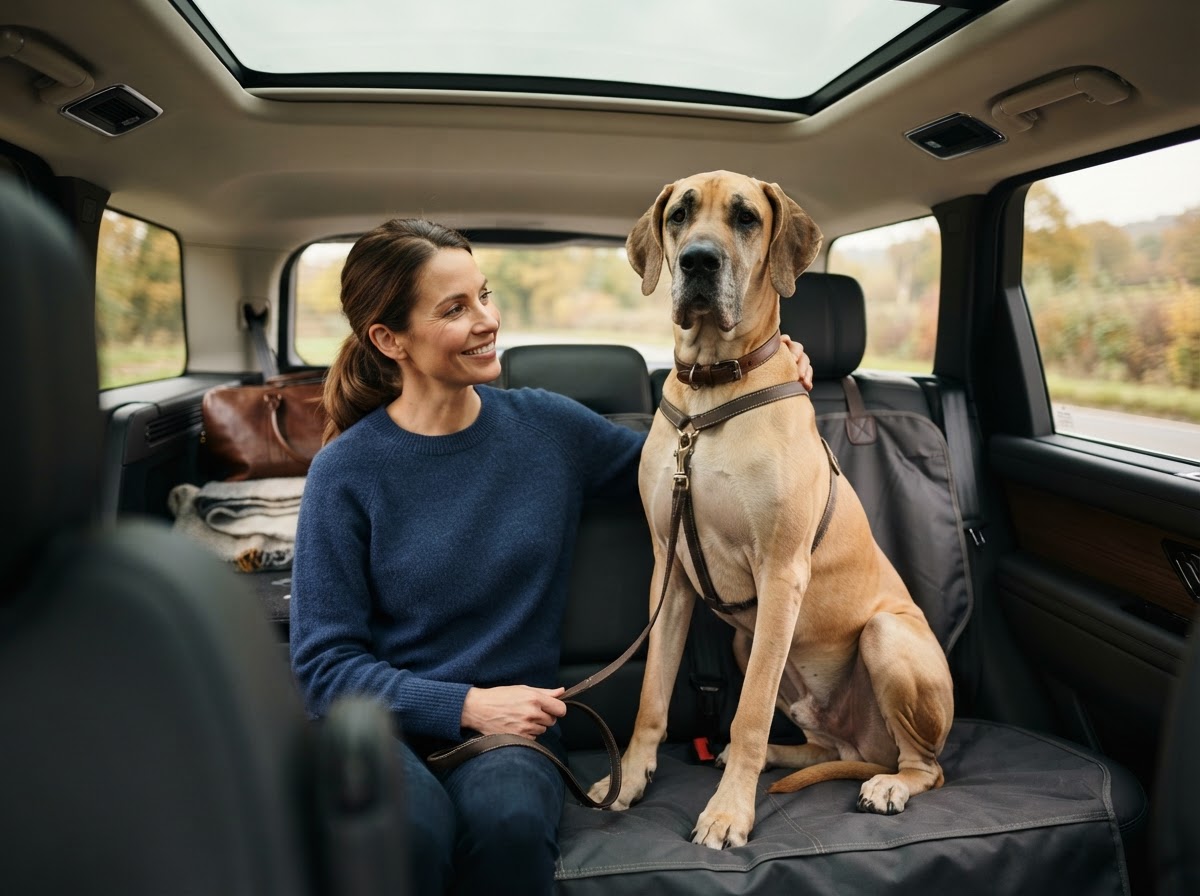 Great Dane dog comfortably traveling in a specialized spacious vehicle setup