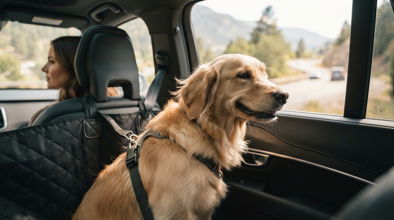 Dog comfortably resting in a vehicle during professional pet transport