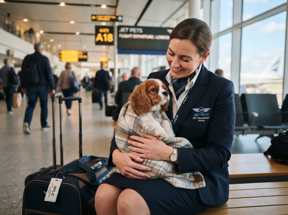 Flight nanny safely caring for a companion dog at the airport terminal