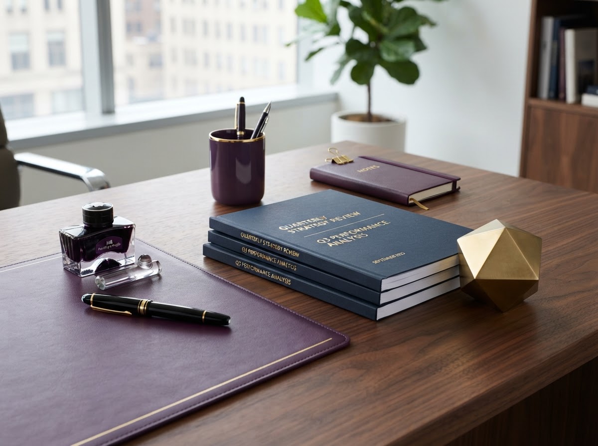 Tidy desk with organized documents and a fountain pen