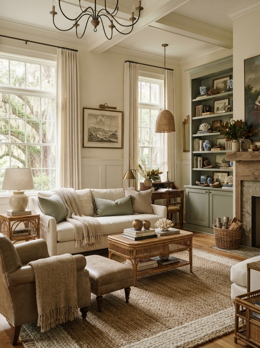 Styled short-term rental living room with coastal neutrals and collected furnishings