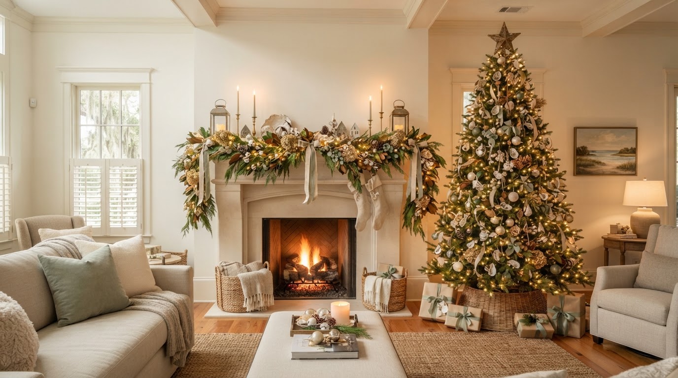 Seasonal Christmas mantel and tree styling in warm coastal neutrals