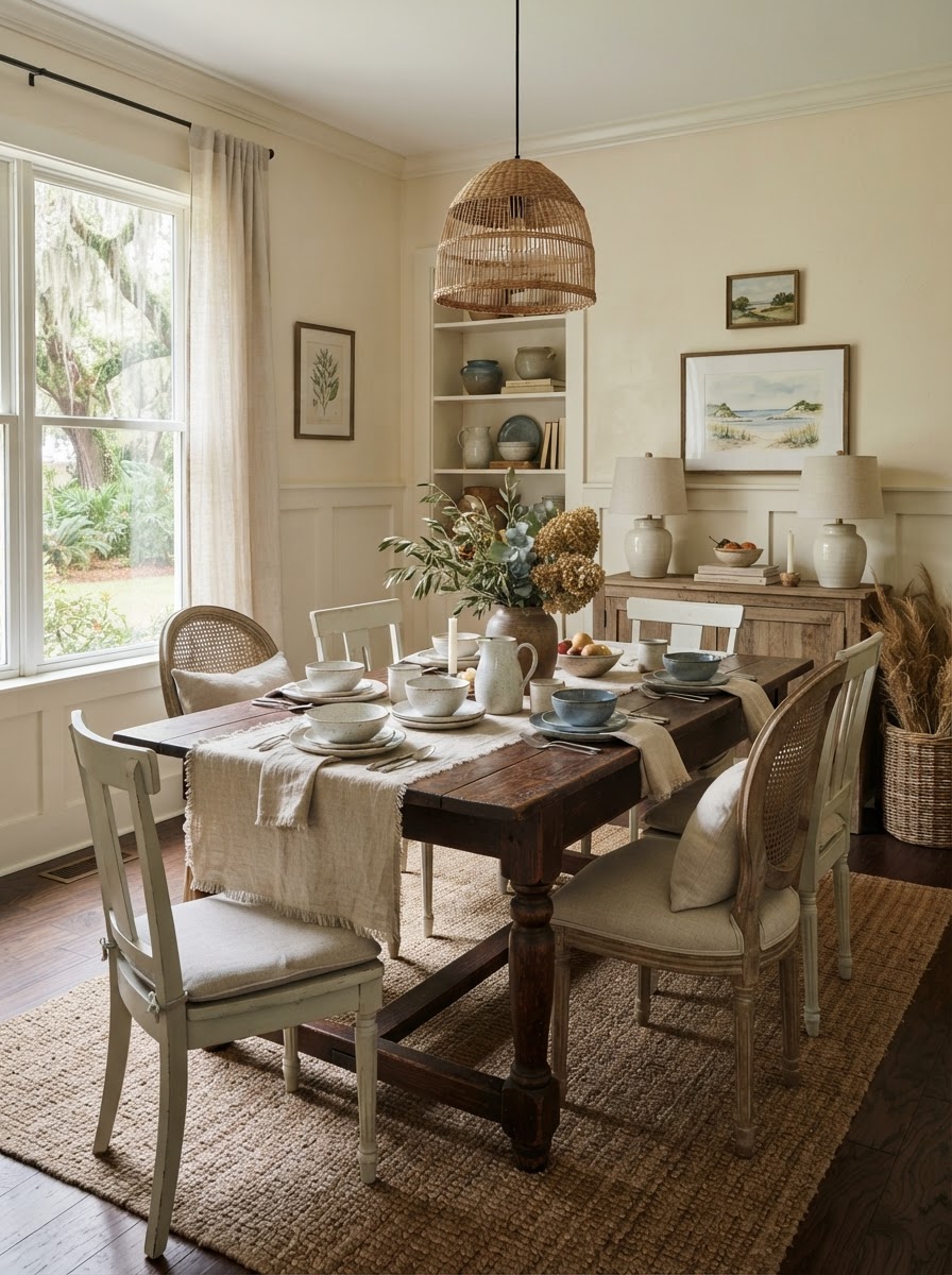 Residential dining room styled with ceramics, linen runner and muted greenery