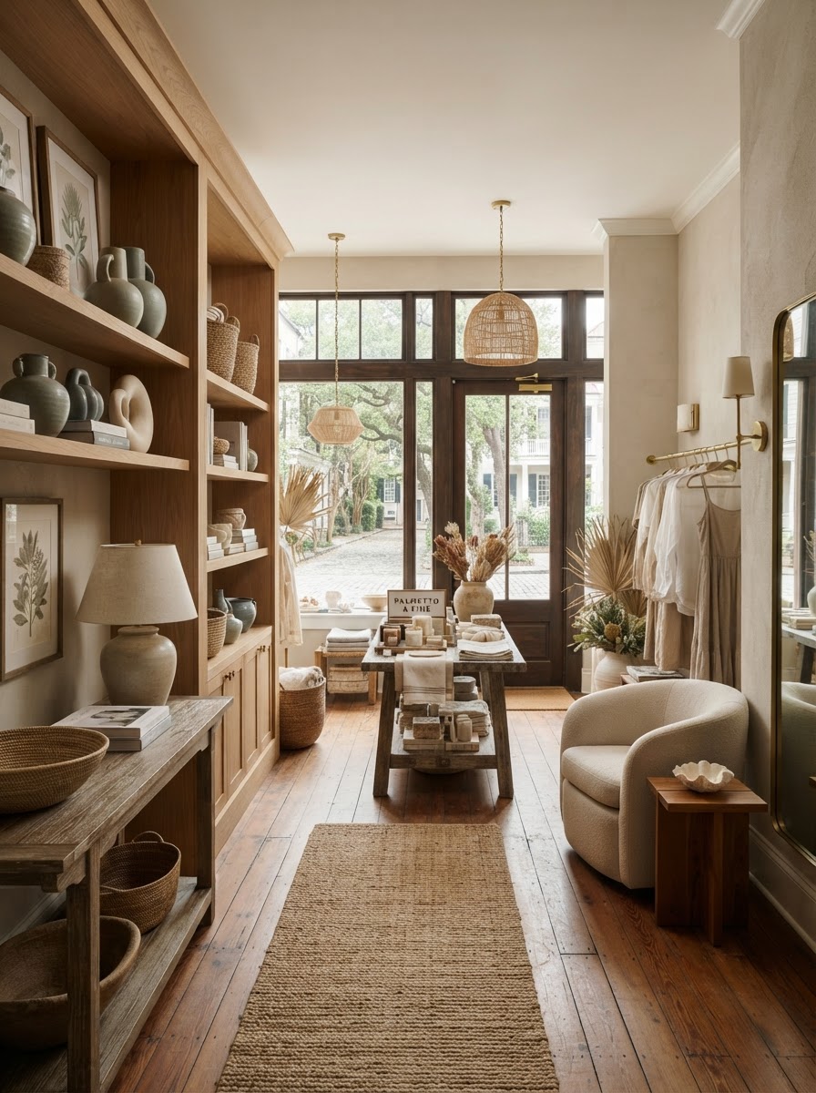 Boutique retail interior with styled displays and warm wood shelving