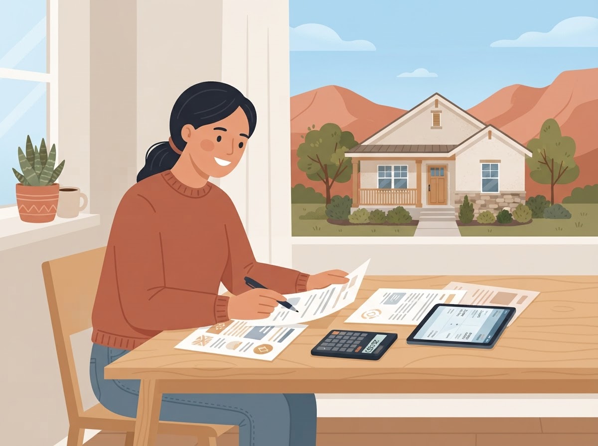 A homebuyer reviewing down payment assistance documents with a calculator and a Utah home