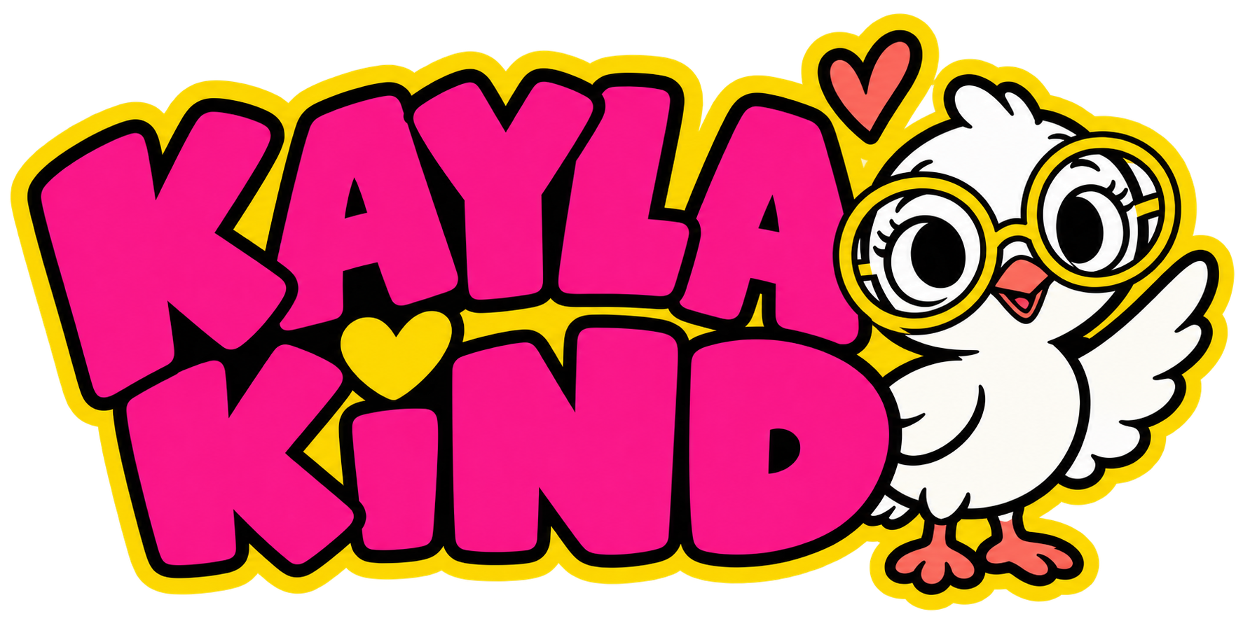 Kayla Kind official logo with Bubbles the dove wearing yellow glasses