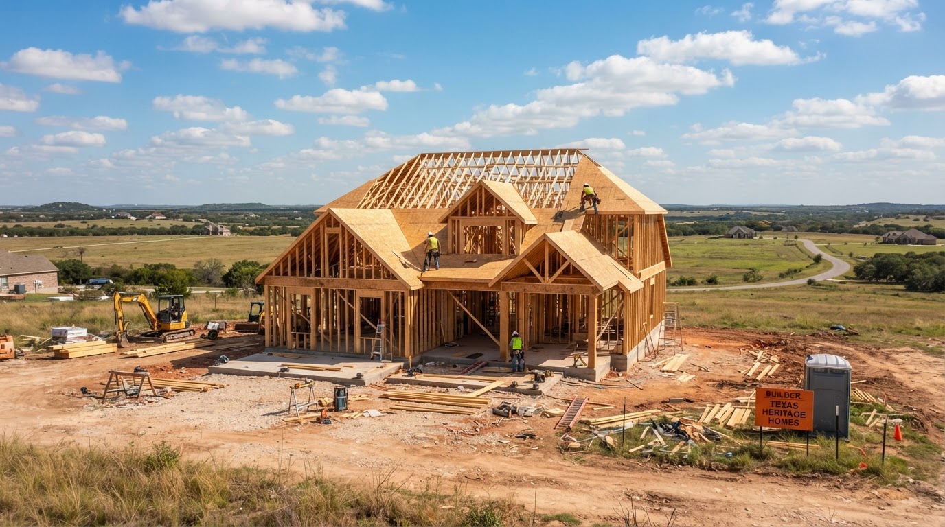 New construction home being framed nearby