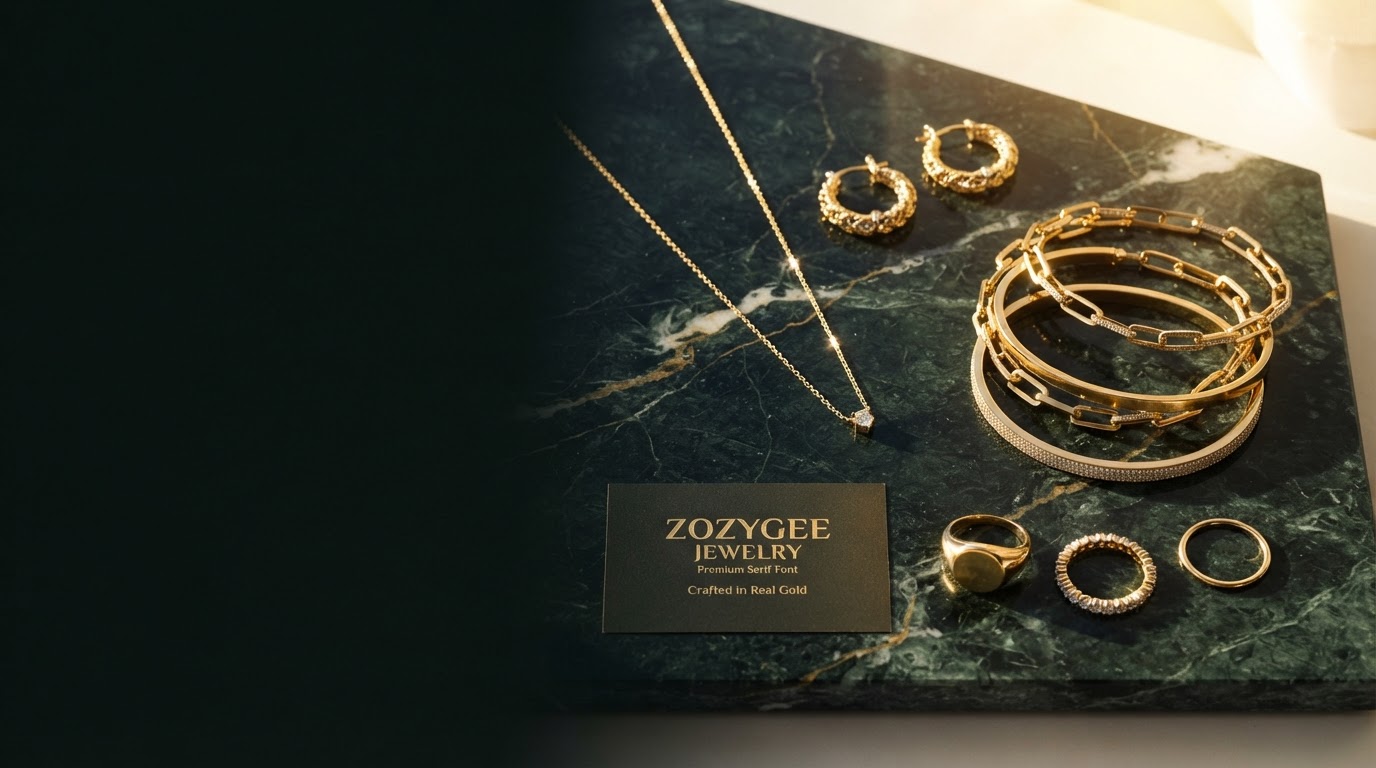 Zozygee fine gold jewelry flat lay on emerald marble