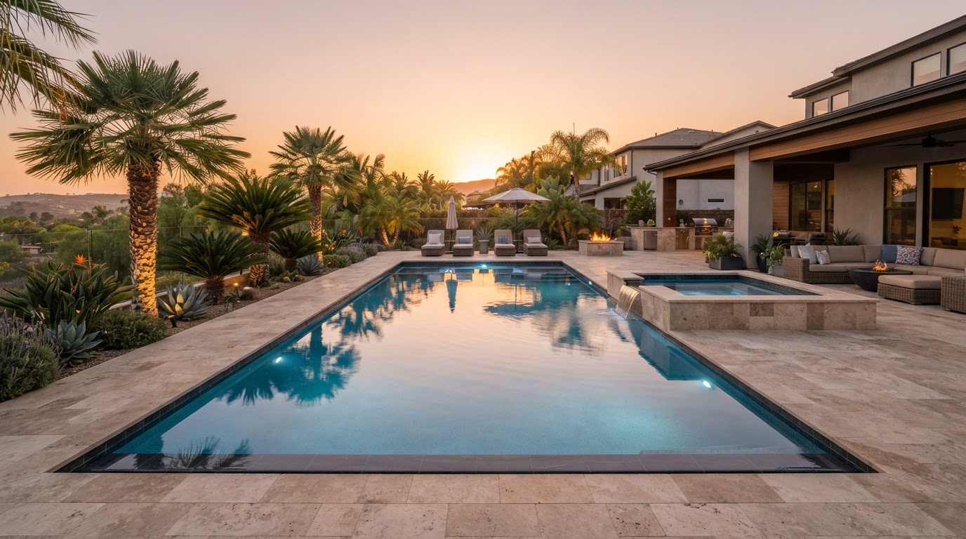 Custom swimming pool in a Southern California backyard at golden hour