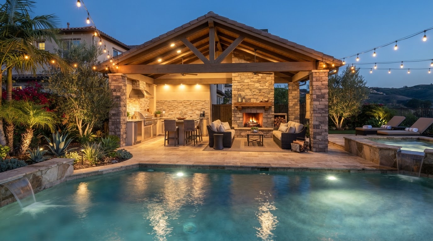 Outdoor living space with kitchen and fireplace