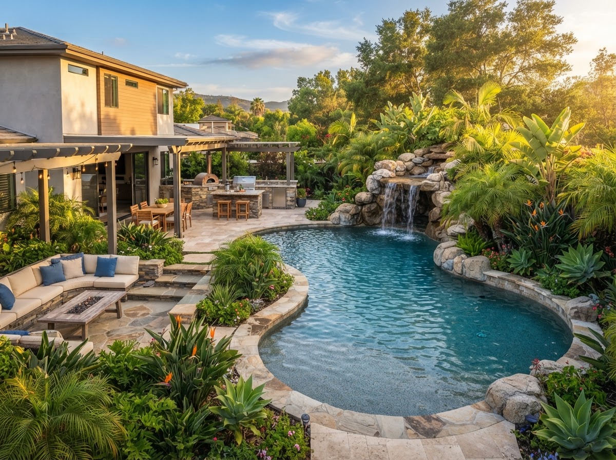 Finished backyard with pool, waterfall and outdoor living area