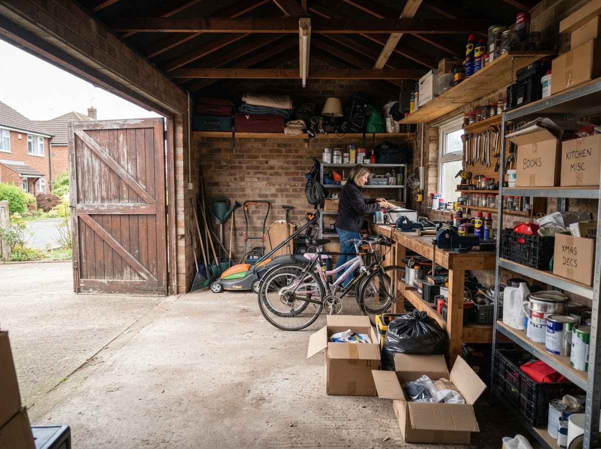 British garage containing tools, boxes and stored items being cleared