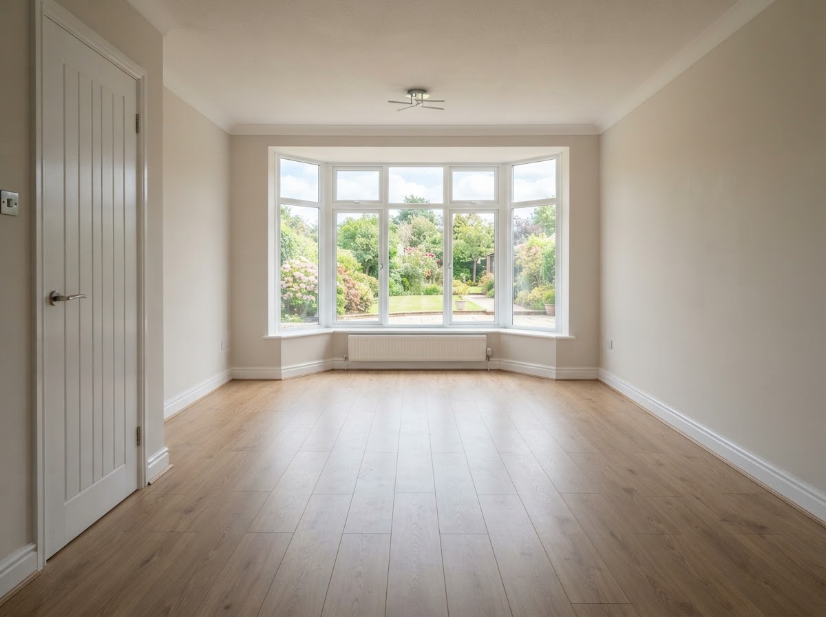 Spotless cleared modern British living room in Staffordshire with natural light