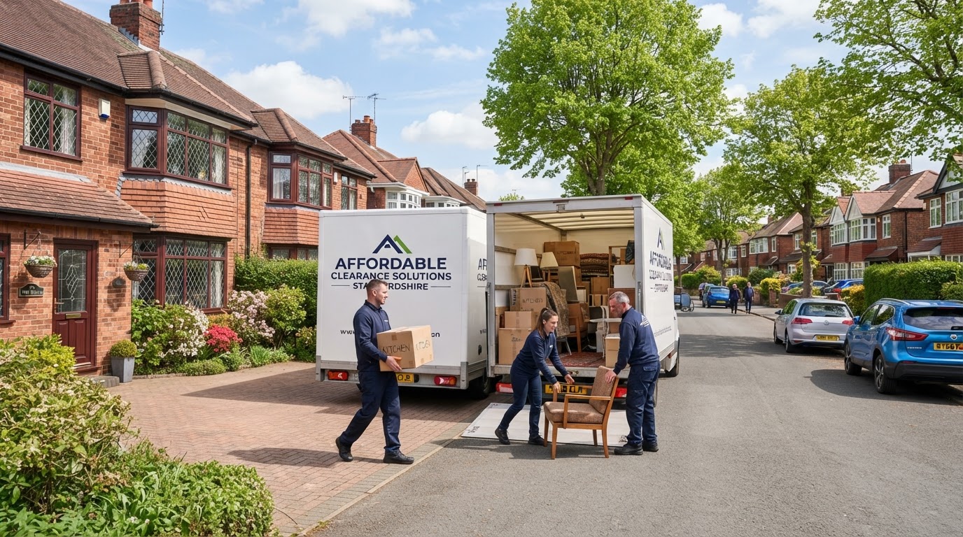 Professional British house clearance team and Luton van on a residential UK street in Staffordshire