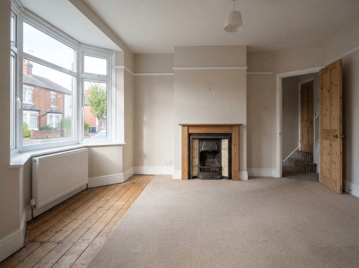 Empty broom-clean living room after a professional clearance