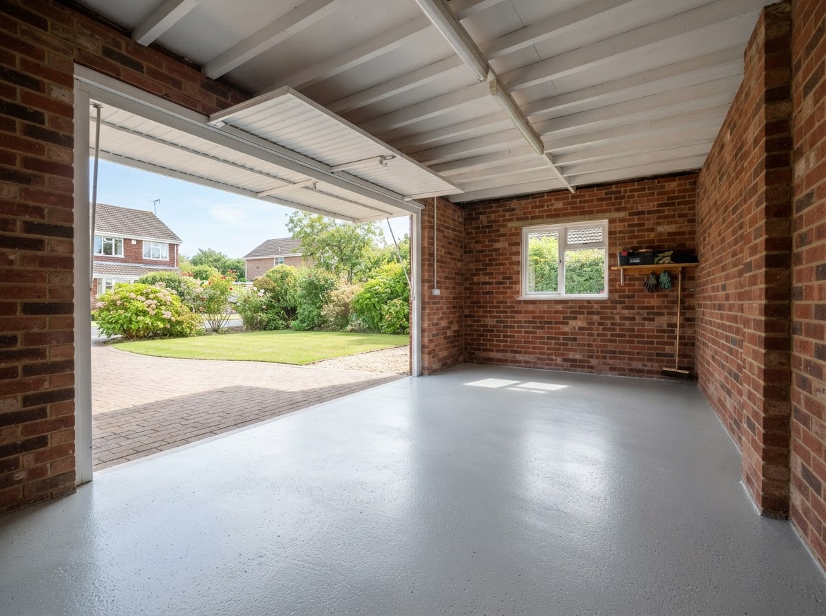 Illustrative placeholder of a detached British garage cleared and swept clean