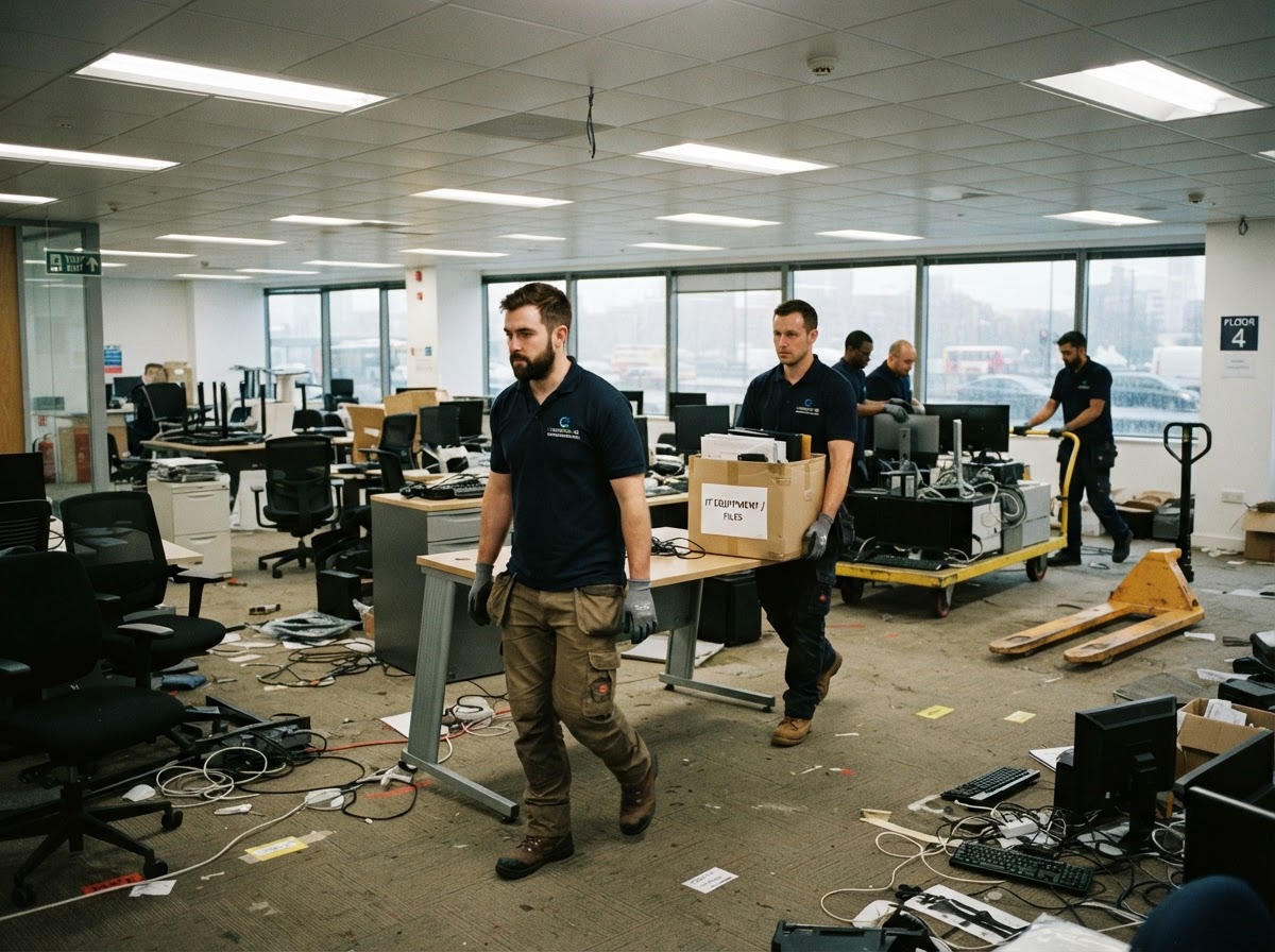 Office desks and cabinets being cleared from a commercial premises