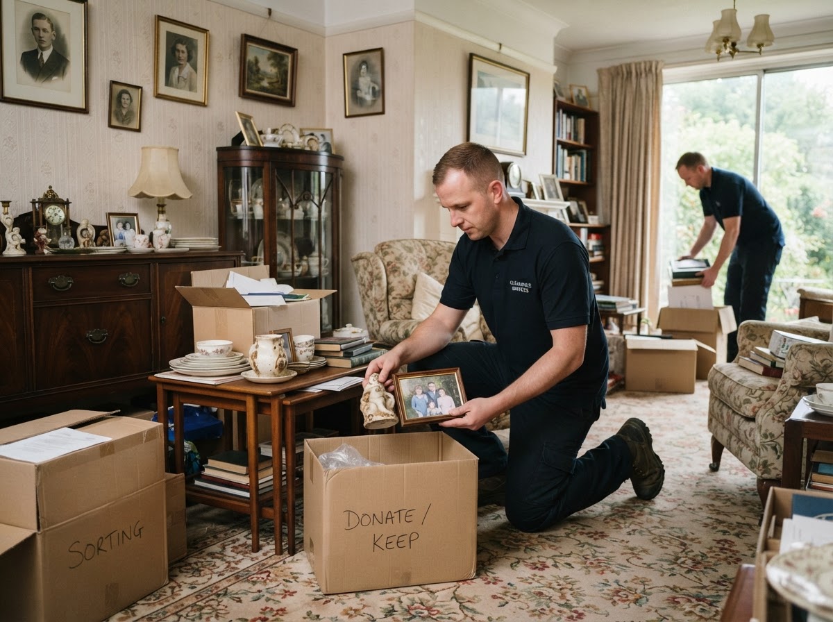 Compassionate house clearance professional assessing items respectfully in a British living room