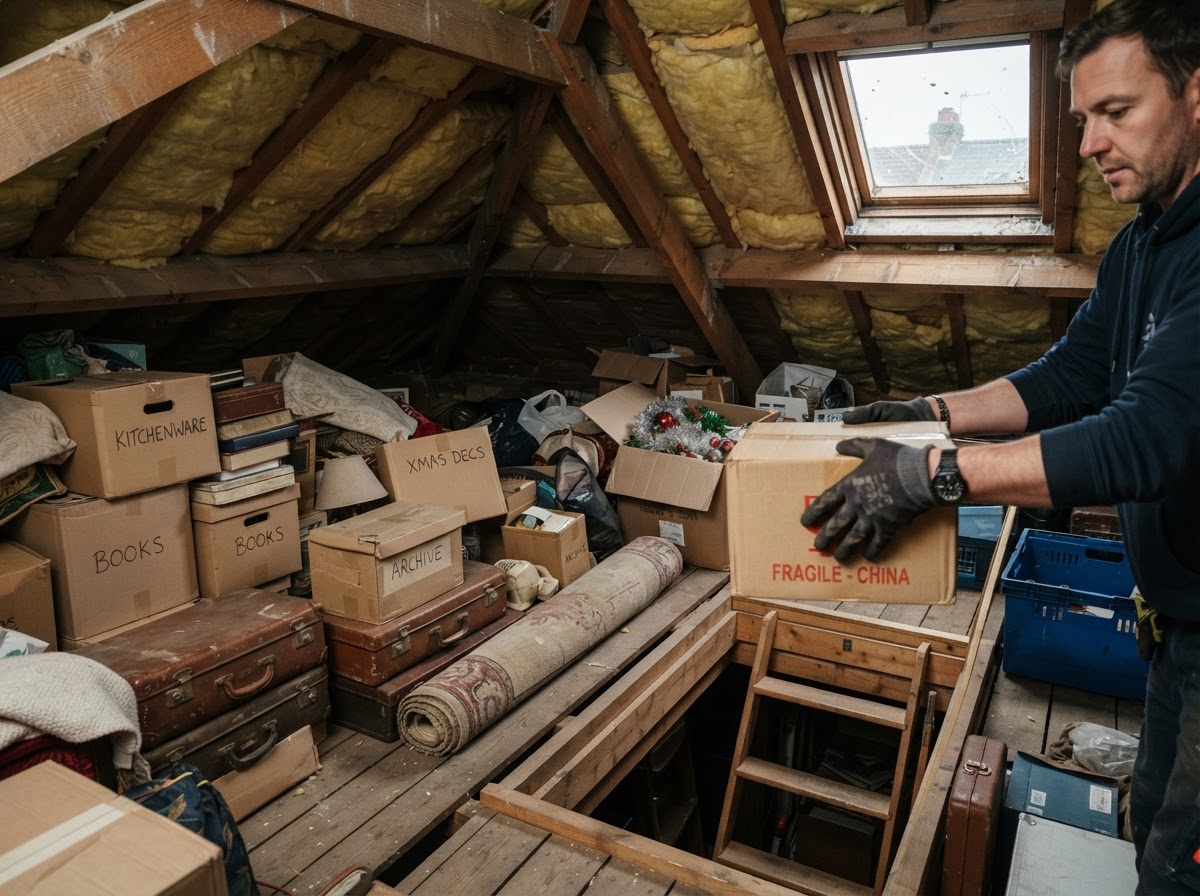Boxes and stored belongings in a UK loft being cleared