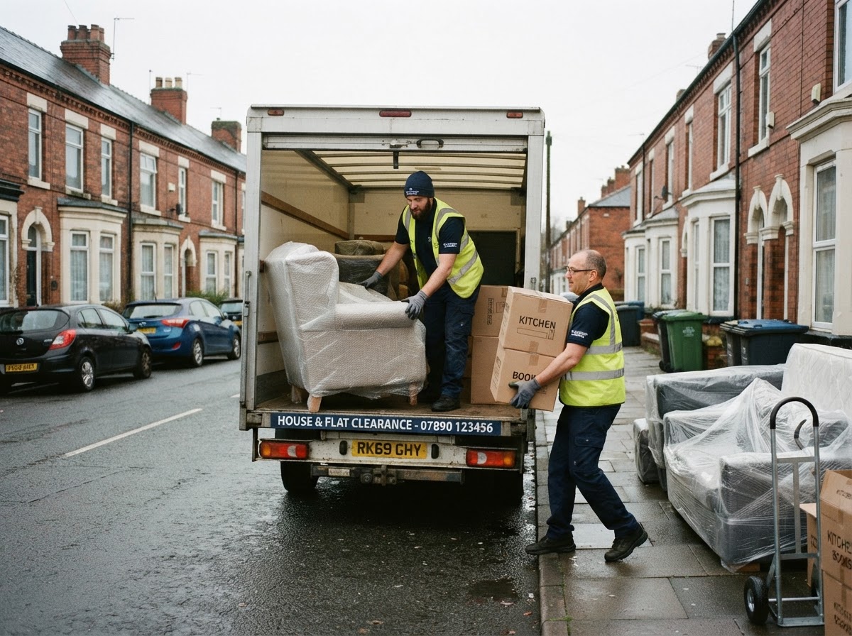 Clearance team loading wrapped furniture into a Luton van