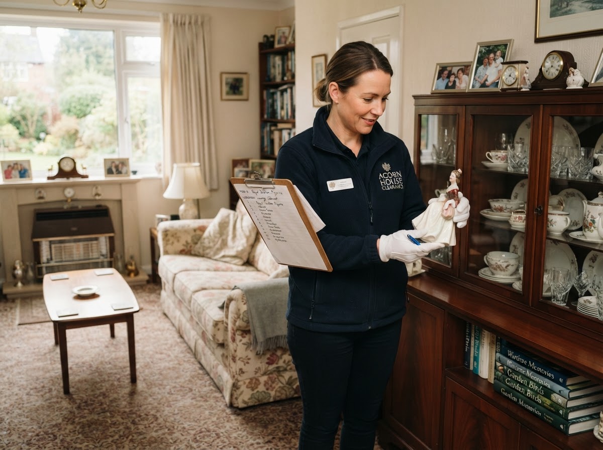 Compassionate house clearance professional assessing items respectfully in a British living room