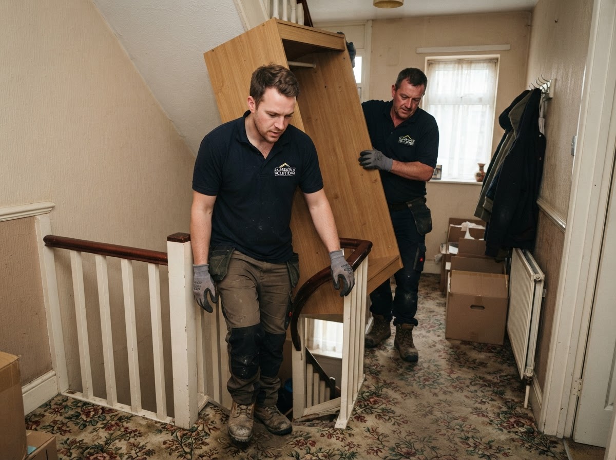 Clearance team carefully carrying furniture out of a British home
