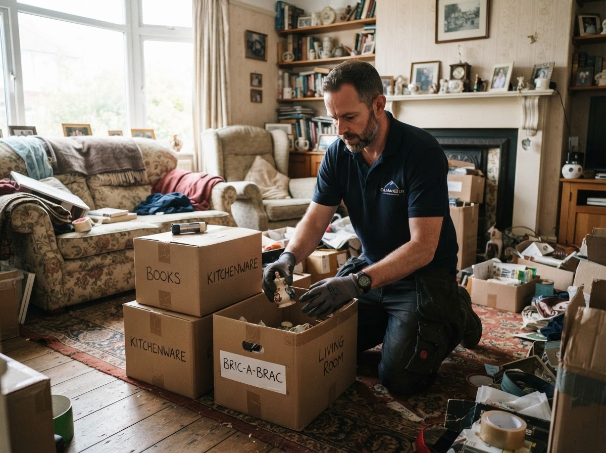 Clearance worker carefully sorting stacked boxes and household belongings in a British home