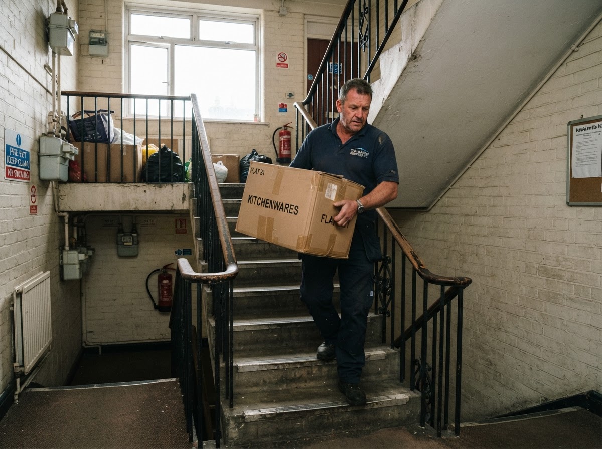 Worker carrying boxes down a communal stairwell during a flat clearance