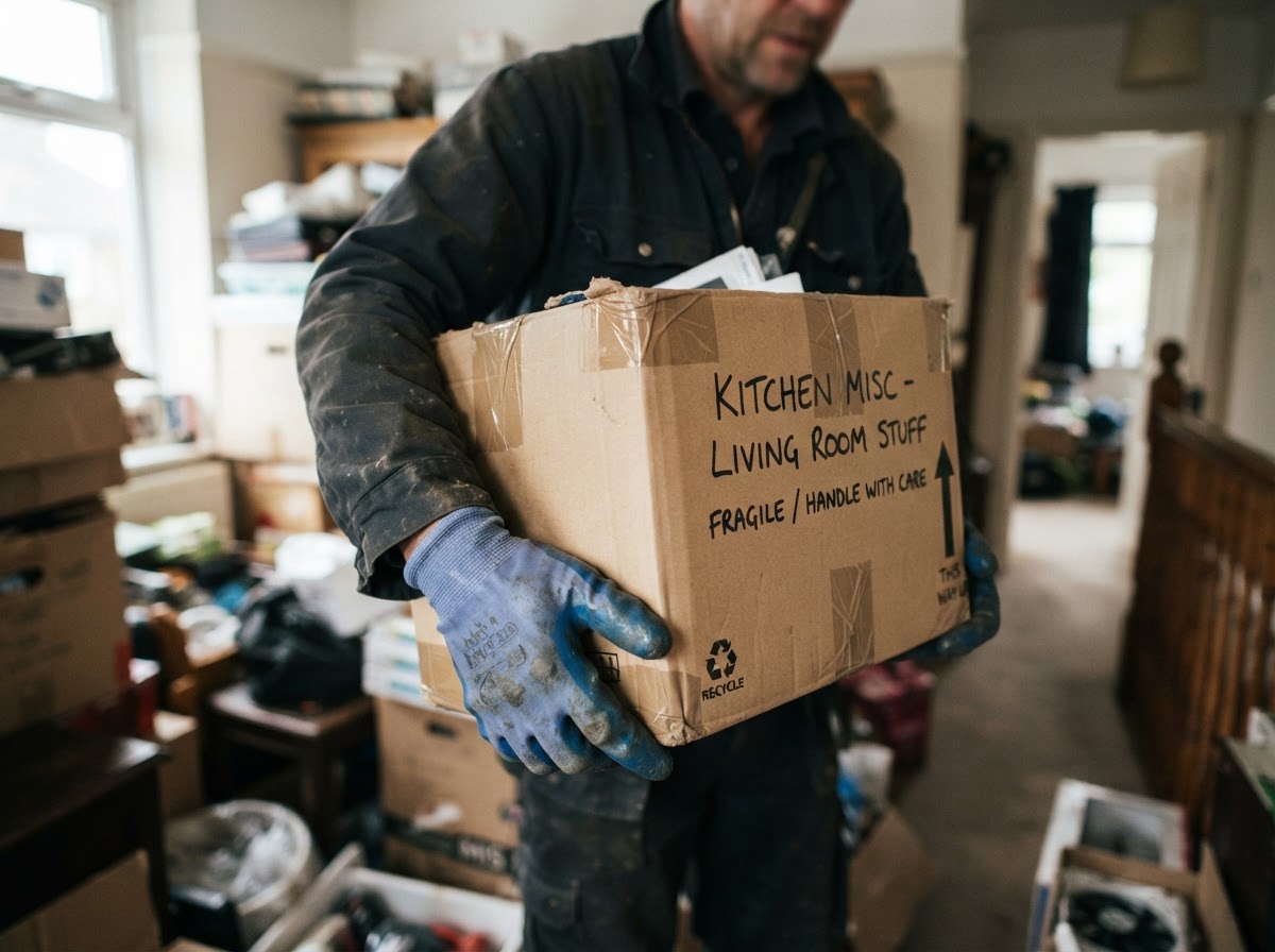 Gloved hands lifting a labelled box during a house clearance