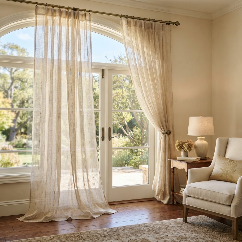 Cortinas de voil em tons bege e dourado em janela iluminada