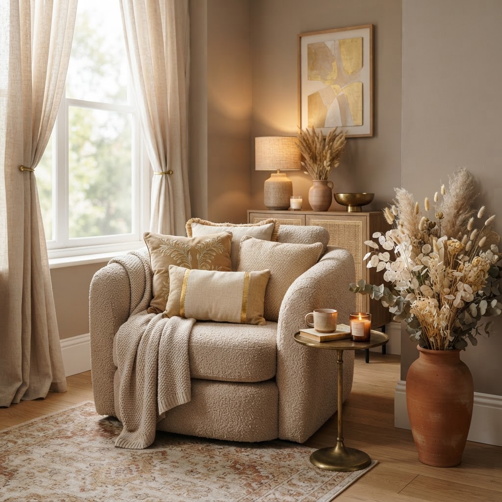 Detalhes de decoração com cortinas, almofadas e tons dourados