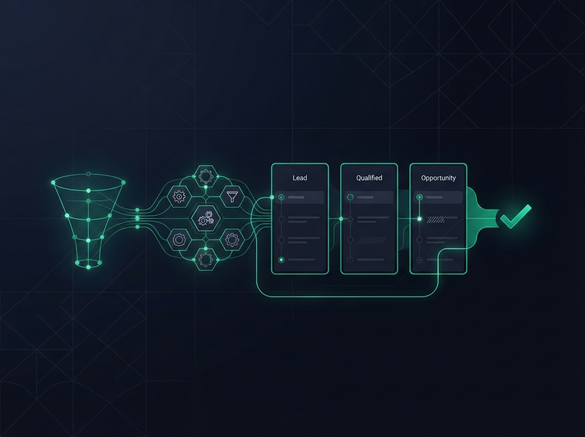 Abstract diagram of a funnel, automation, CRM pipeline, and conversion system connected by emerald lines