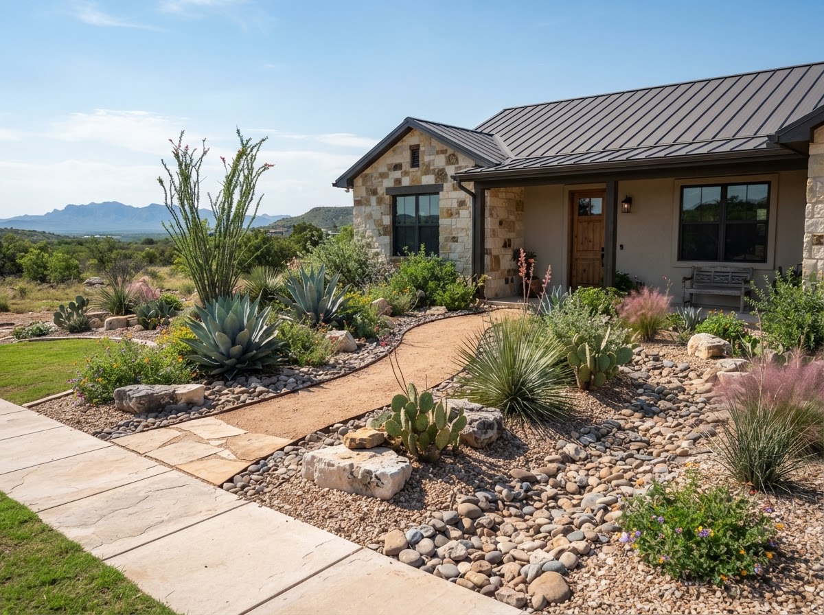 xeriscaped yard with decorative rock and native plants