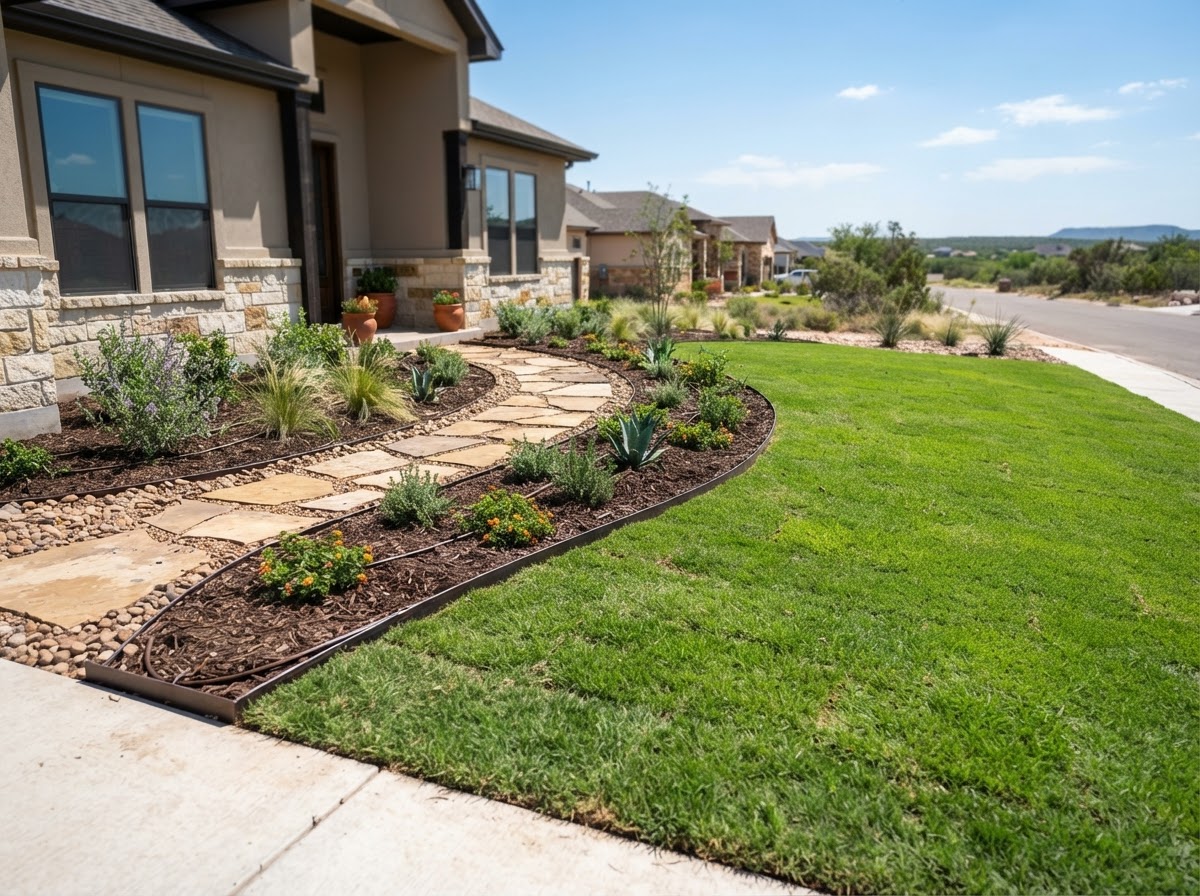 freshly installed residential landscape with sod and rock beds