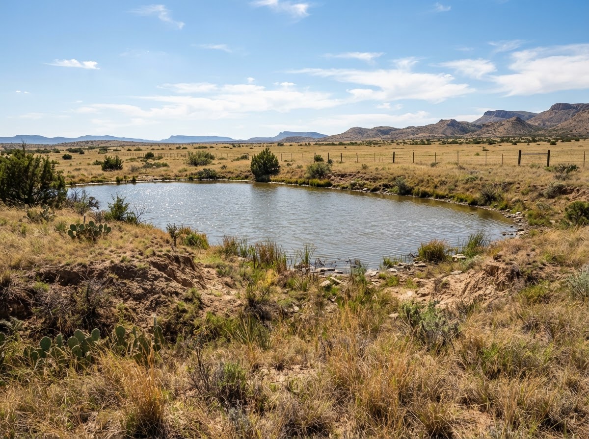 large ranch stock pond on rural acreage with earthen banks