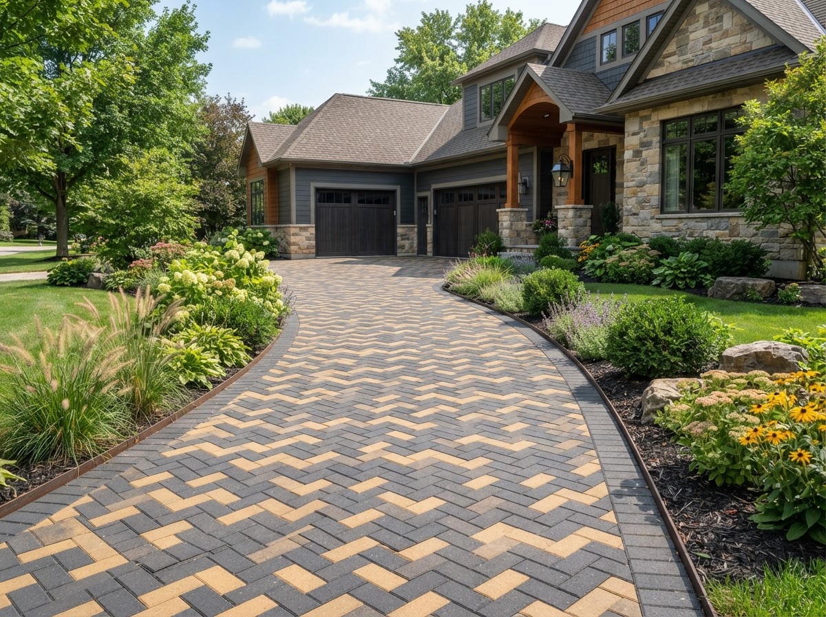 paver driveway with charcoal and gold pavers leading to a home