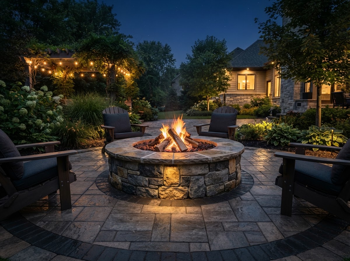 outdoor stone fire pit built into a paver patio
