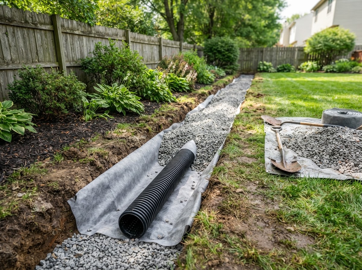 french drain trench with gravel and perforated drainage pipe