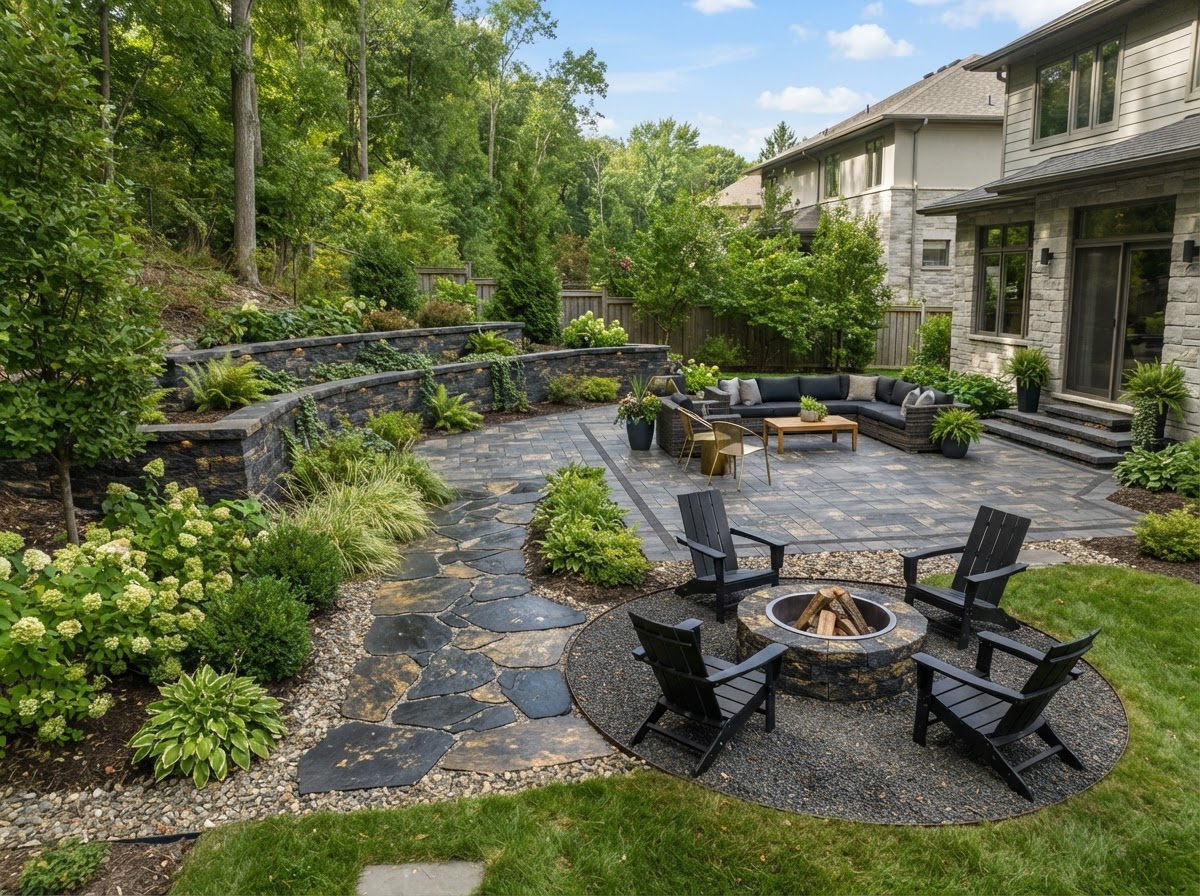 backyard hardscape with paver patio and retaining wall