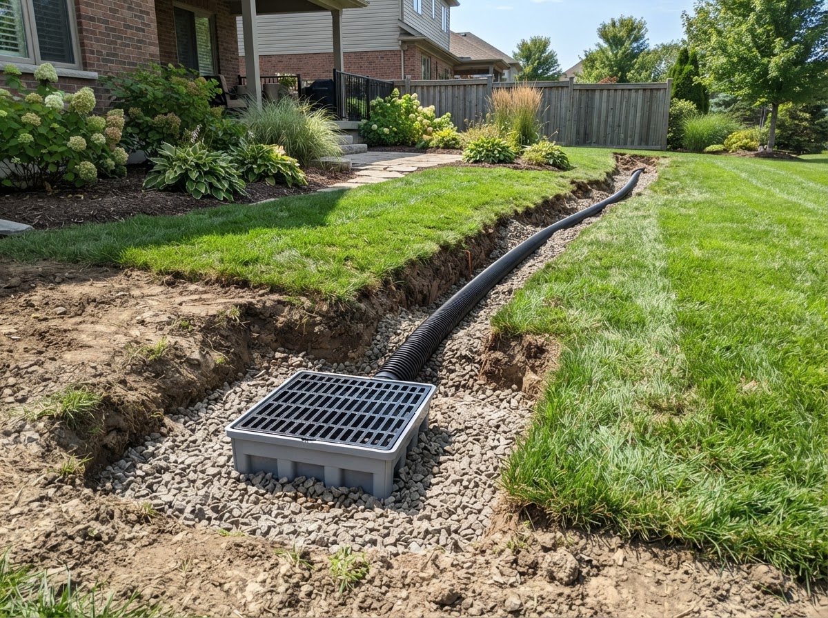 catch basin and drainage channel in a yard