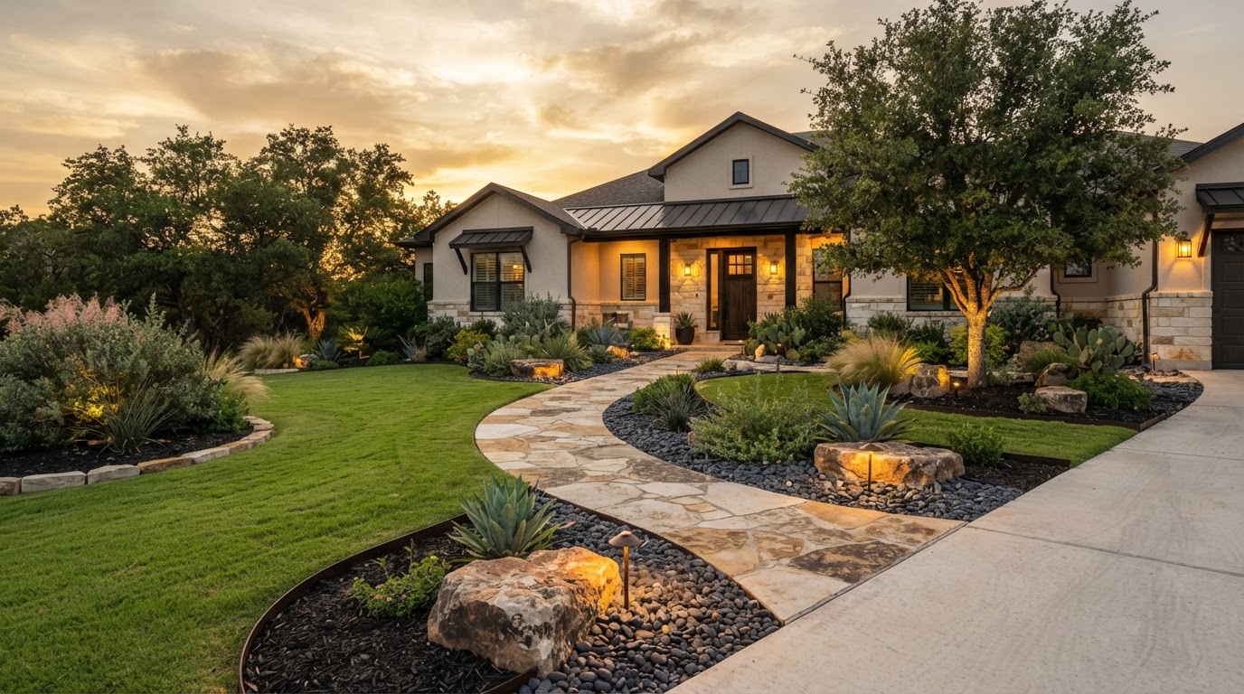 landscaped San Angelo residential property at golden hour with rock beds and landscape lighting