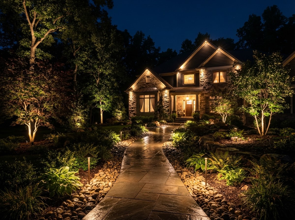 nighttime low-voltage LED landscape lighting along a stone walkway