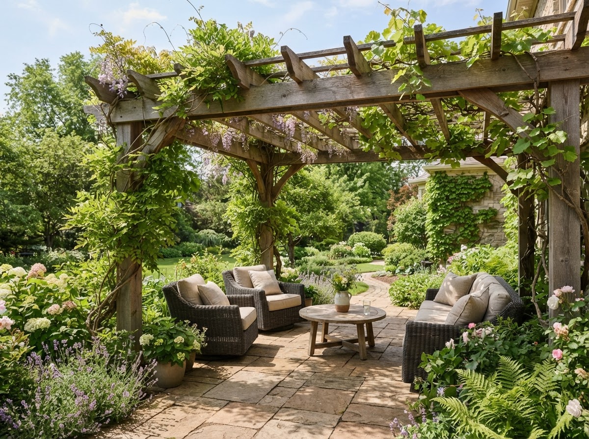 wooden pergola over a residential patio with paver floor