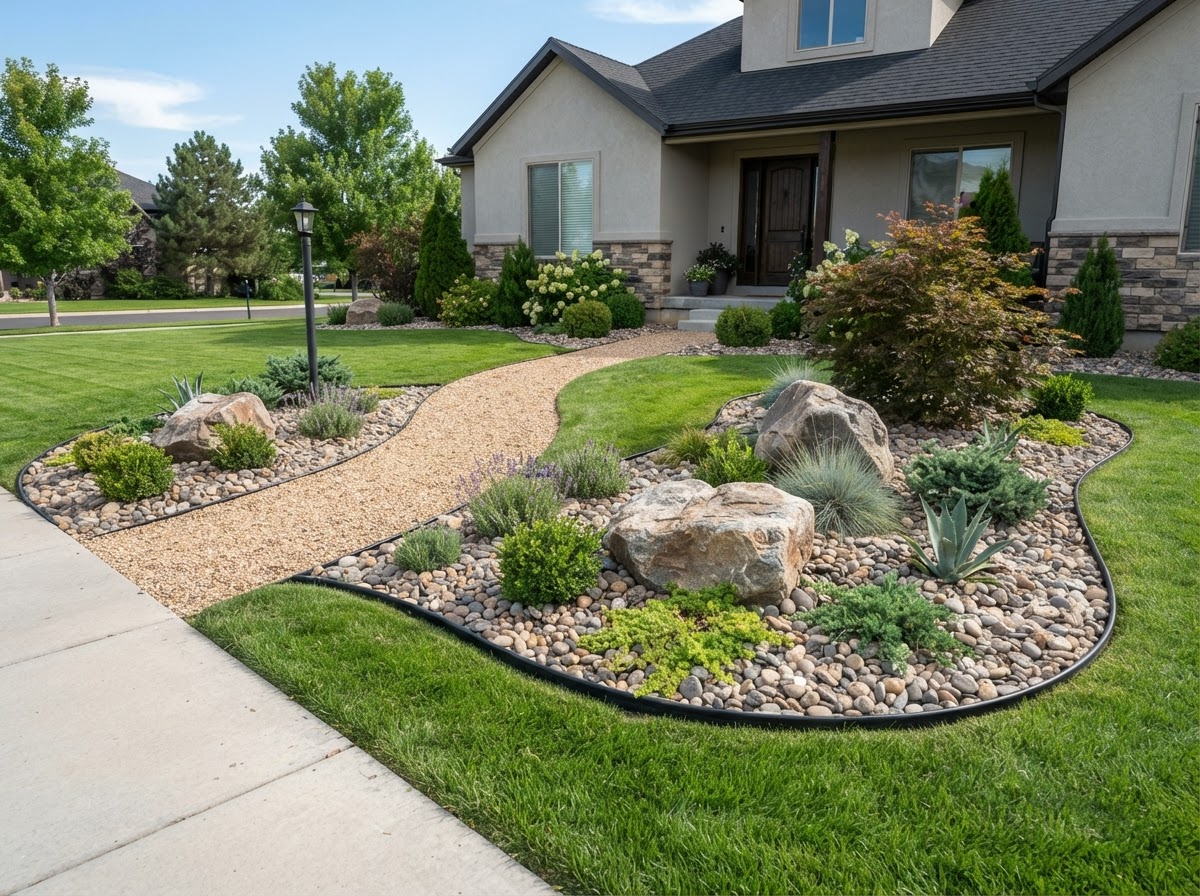 decorative rock and river rock landscaping in a residential front yard