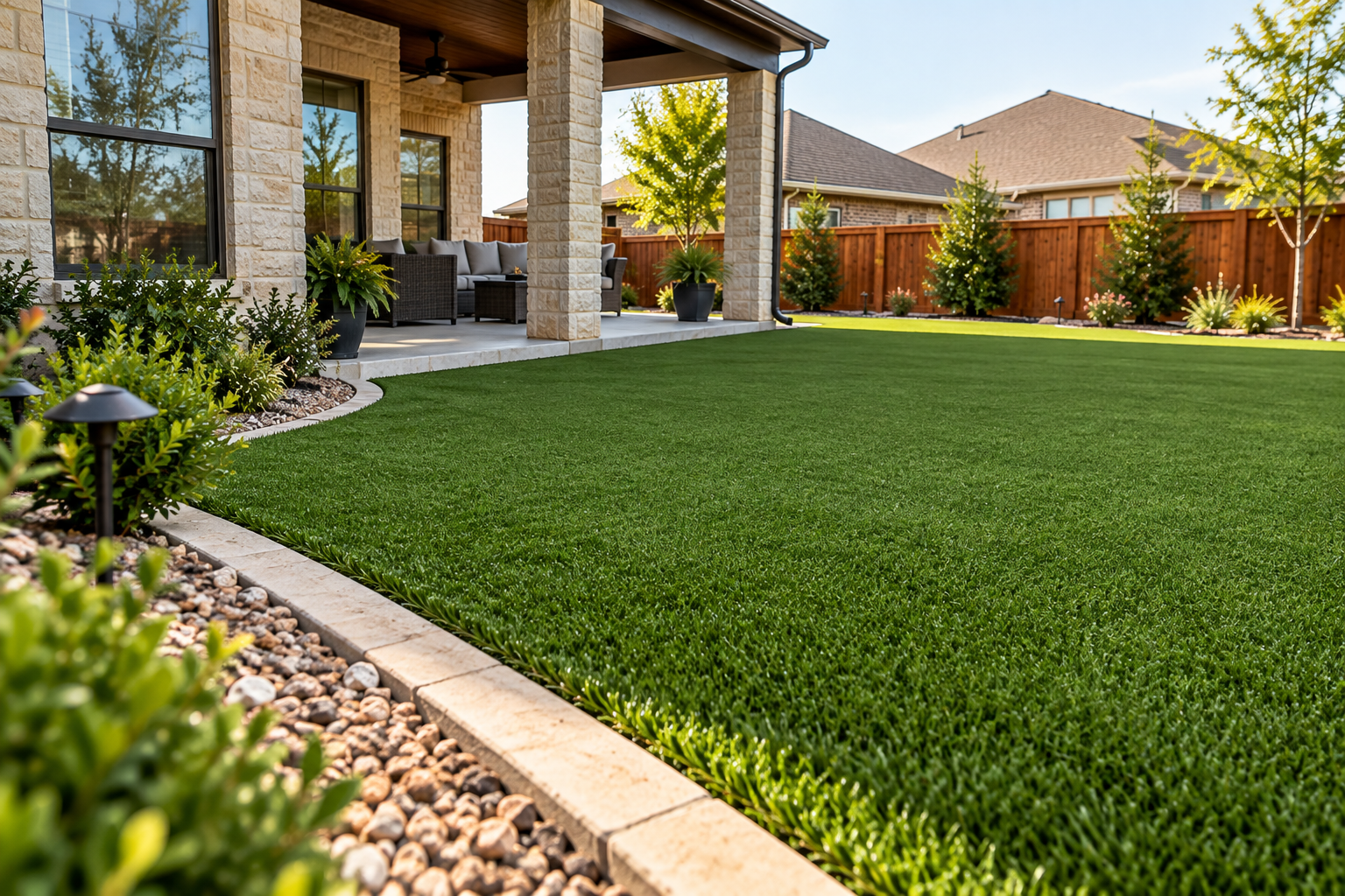 clean residential backyard artificial turf lawn with stone garden border edging and covered patio