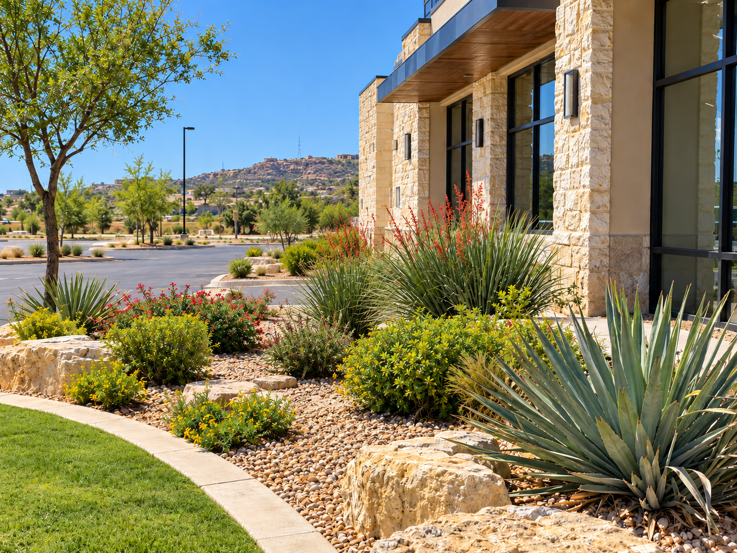 commercial building entrance landscaping with river rock bed, native plants, and stone edging