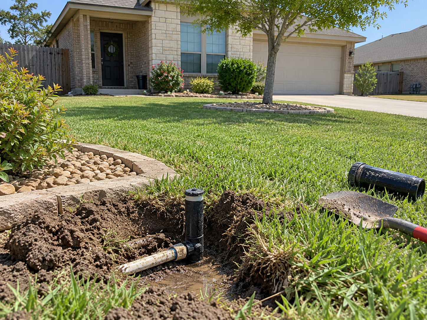 lawn sprinkler head and pipe excavation repair in front yard of residential home