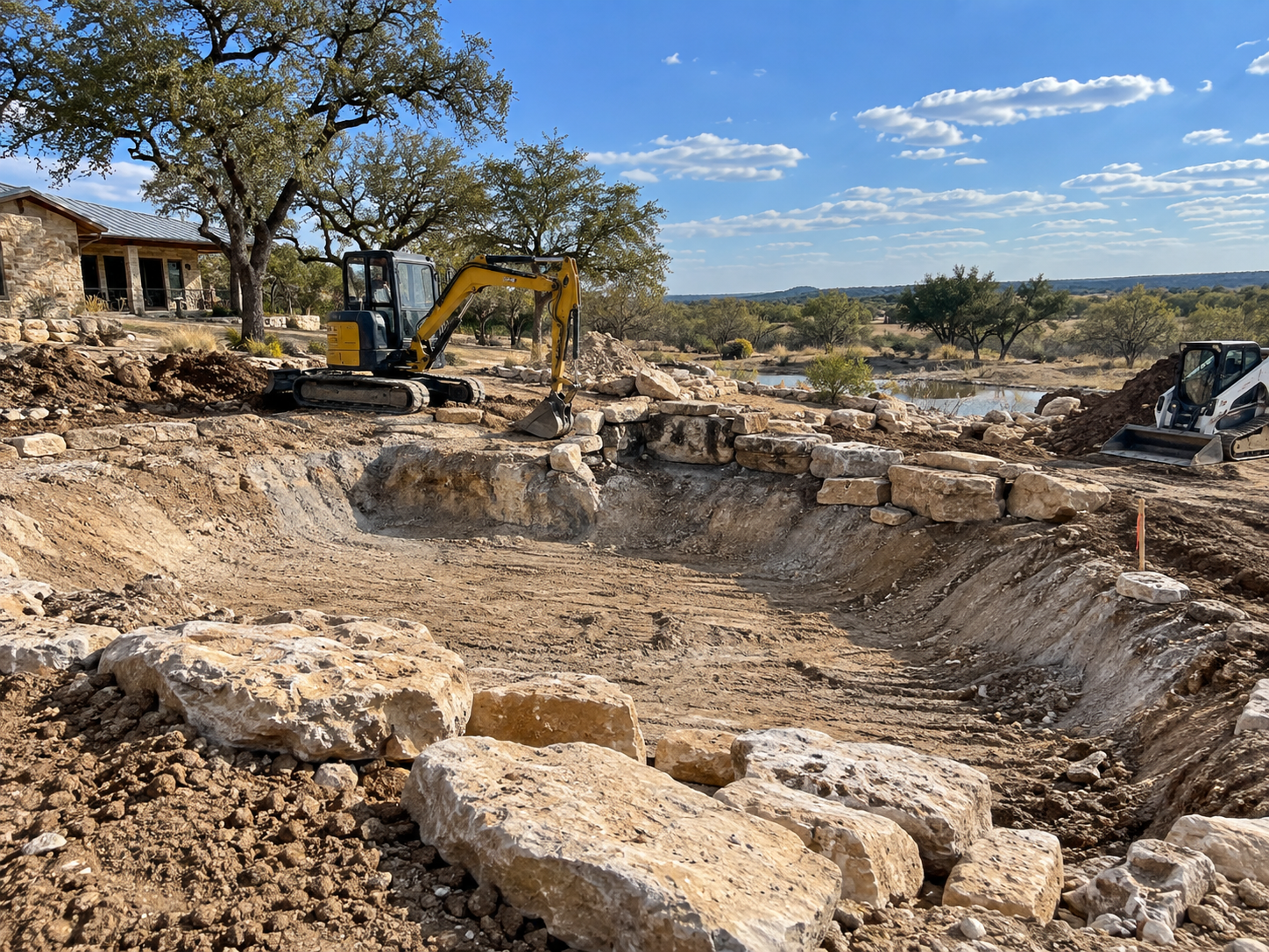 excavator and earthmoving equipment digging and building pond basin with stone retaining edges