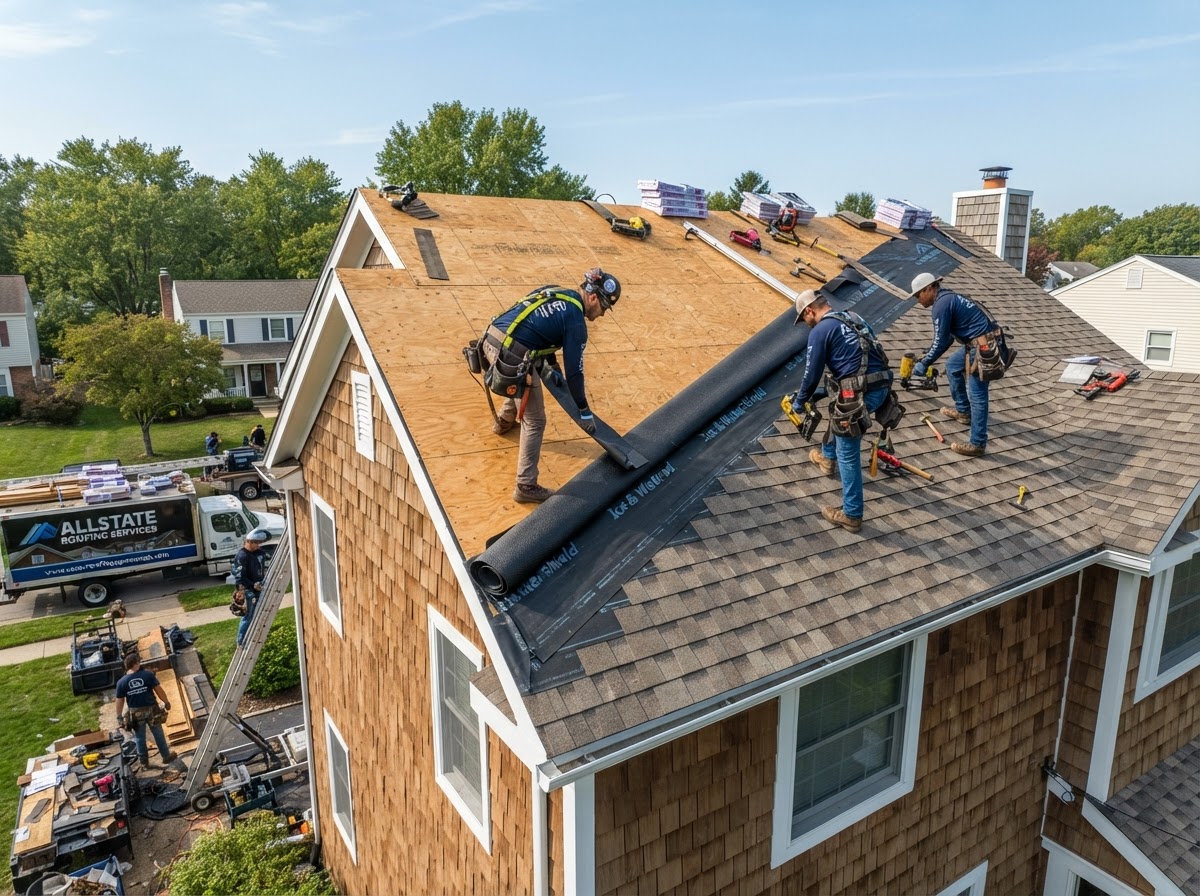 Roofing team coordinating an active roof replacement job
