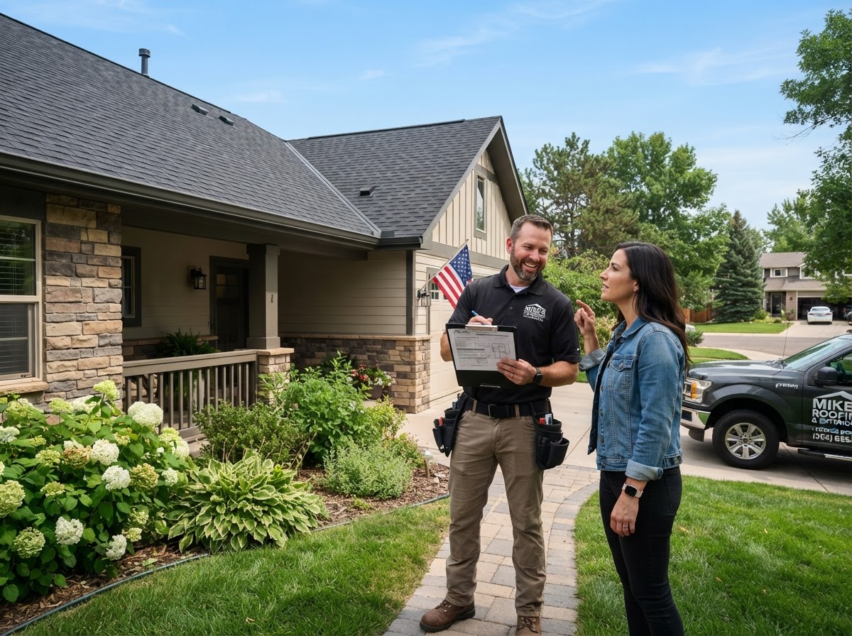 Professional roofing contractor speaking with a homeowner about a roof inspection